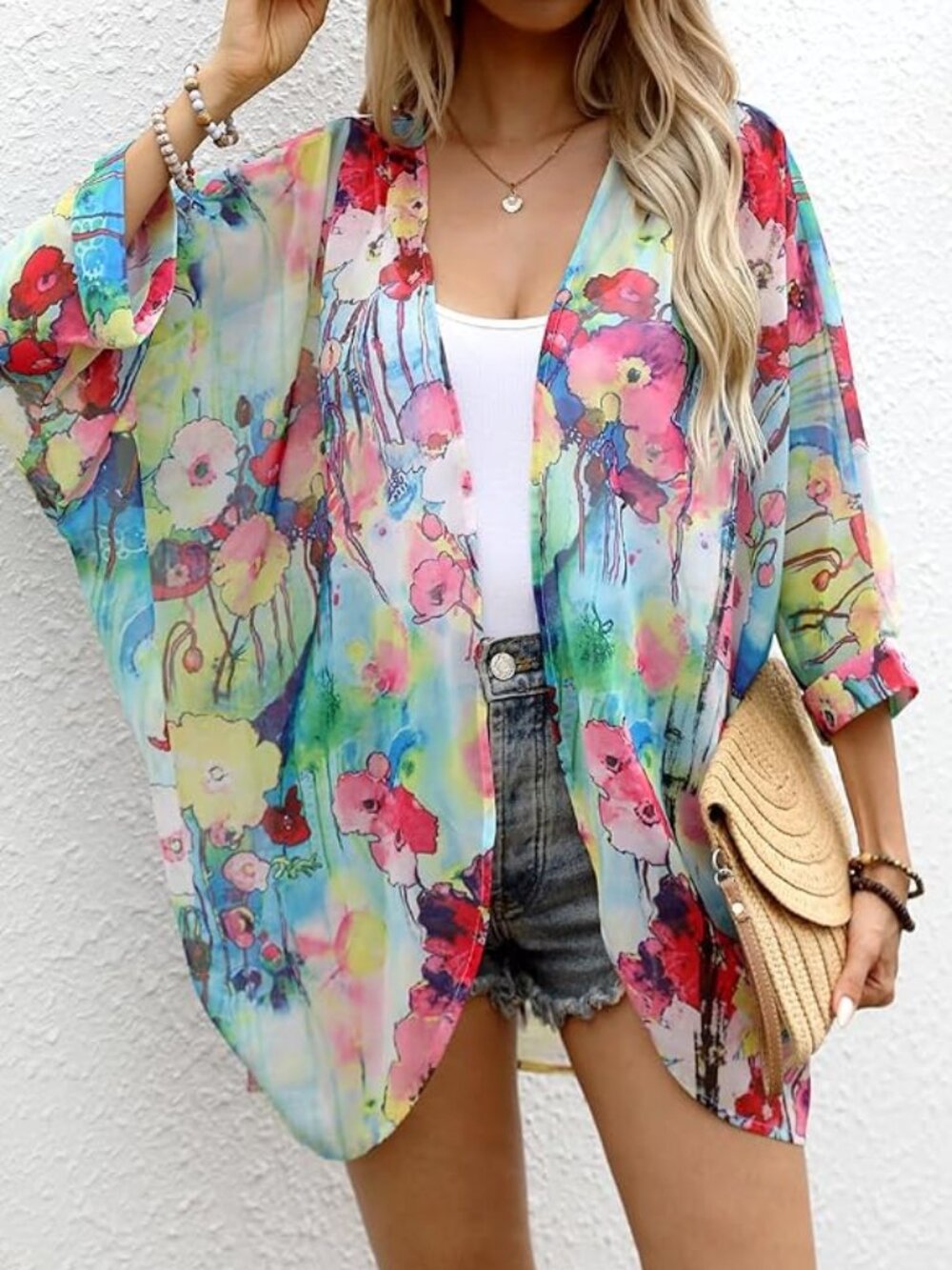 Women's Floral Print Sheer Chiffon 3/4 Cuffed Bat Sleeve Kimono Size XXL NEW
